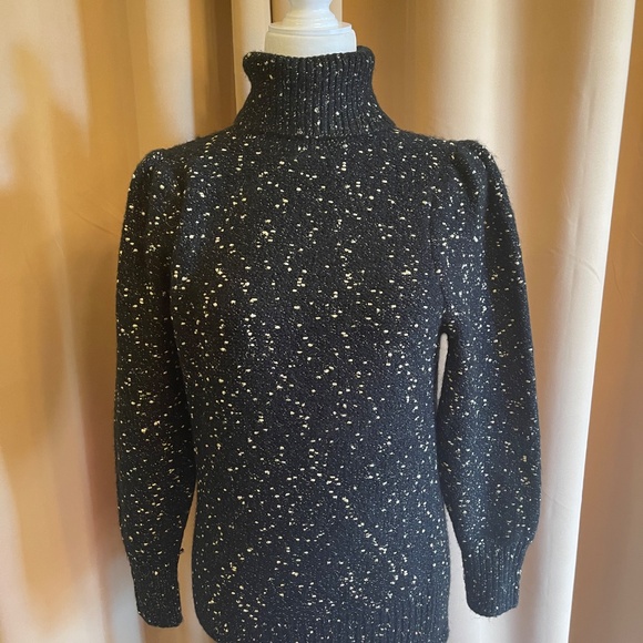 NEW! Ann Taylor Black & Metallic Gold Turtleneck Puff Sleeve Sweater Size S/P - Picture 3 of 11